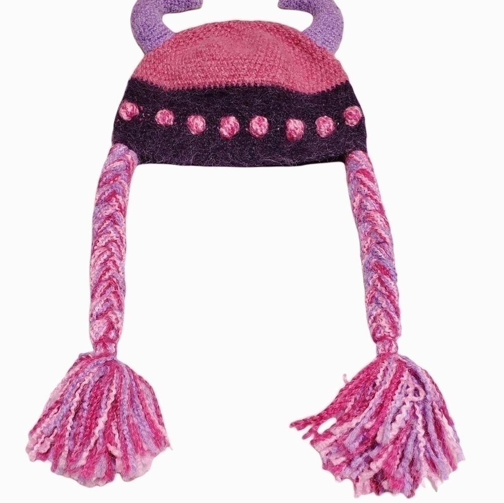 Hand Knit Horns & Braids Viking Hat